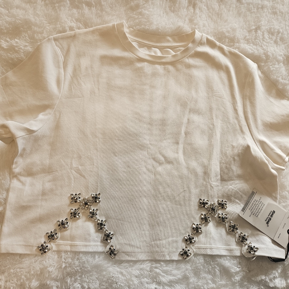 White Floral Rhinestone Embellished Short Sleeve Cropped Top - Size L